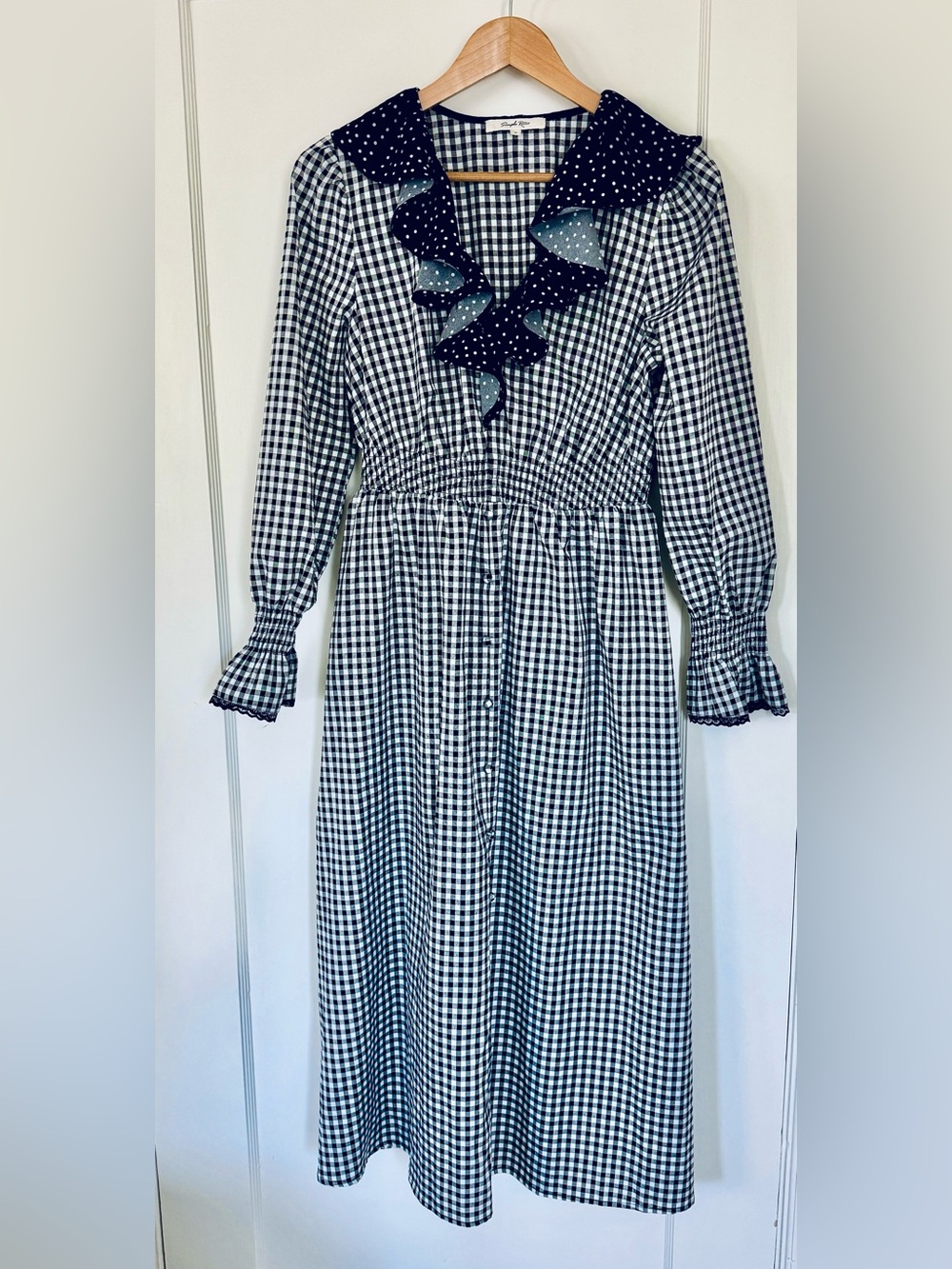Simple Retro Black and White Gingham Farmhouse Long  Sleeve Dress Size M